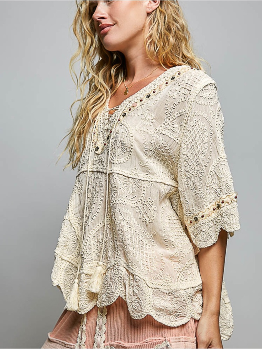 💕 POL Boho Lace-Embroidered Cream Peasant Top - Picture 5 of 8